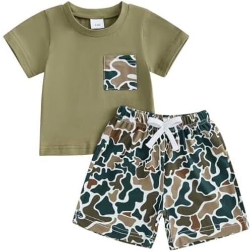 Toddler Baby Boy Summer Clothes Retro Embroidery Duck Hunting Shirts T-Shirt + Elastic Camouflage Shorts Set