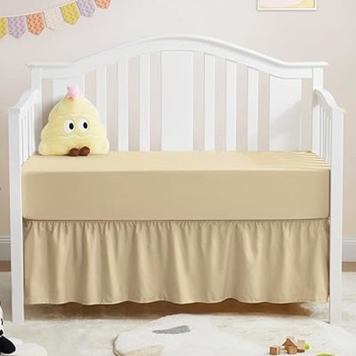 Horbaunal 2 Pack Crib Skirt & Crib Bed Sheet Set, Khaki Crib Bed Skirt 28" x 52" with 14" Drop Dust Ruffle, Soft Microfiber Toddler Bedskirt Nursery Bedding Skirt for Baby Girls and Boys