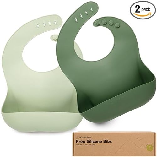 KeaBabies 2-Pack Silicone Bibs for Babies, Toddlers Girl, Boy – Sturdy Food-Grade Baby Bibs for Eating, Large Food Catcher, Clean & Put On Easily, Waterproof Toddler Feeding Essentials (Sage)