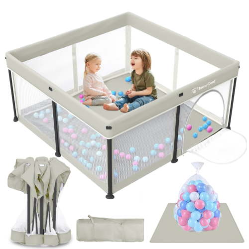 Foldable Baby Playpen with Mat, Collapsible Play Pen for Babies and Toddlers, Indoor & Outdoor Kids Safety Play Pen, Portable Play Yard with 50 Ocean Balls, 50"×50", Beige