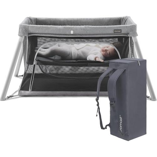 2 in 1 Portable Travel Crib for Toddler, Foldable Crib for Baby, Lightweight Playpen Collapsible Playard with Soft Mattress, Easy to Carry Baby Travel Bed for Outdoor, Indoor (Grey)