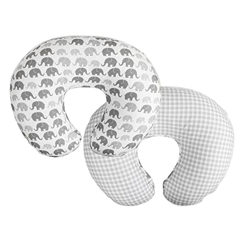 Boppy Original Nursing Pillow, Gray Elephants Plaid, Ergonomic Nursing Essentials for Bottle and Breastfeeding, Firm Fiber Fill, with Removable Pillow Cover, Machine Washable