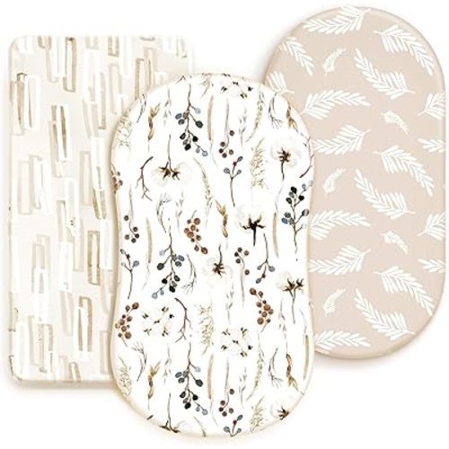 GRSSDER Stretchy Ultra Soft Bassinet Sheet Set 3 Pack Stylish Pretty Flora Beige