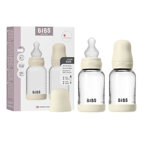 BIBS Glass Baby Bottle, 4.06 oz, 2-Pack, Silicone Nipple, Ivory