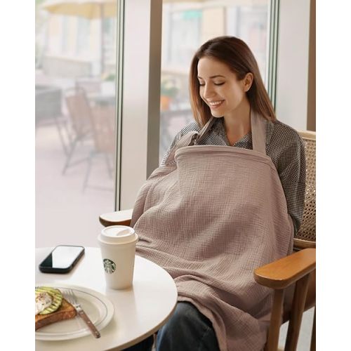Blissful Diary Muslin Nursing Cover for Breastfeeding, Breathable Breastfeeding Cover up with Arch Neckline for Women, Nursing Apron (Agreeable Gray)