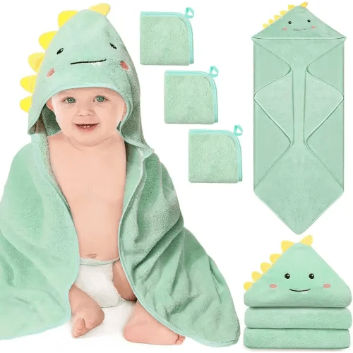 4 PCS Hooded Baby Towels, Soft Baby Towel, Absorbent Baby Bath Towel, Baby Towels and 3 PCS Baby Washcloths for Newborns, Toddlers, and Kids, 32x32 in Baby Towel with Hood for Boy and Girl (Dinosaur)