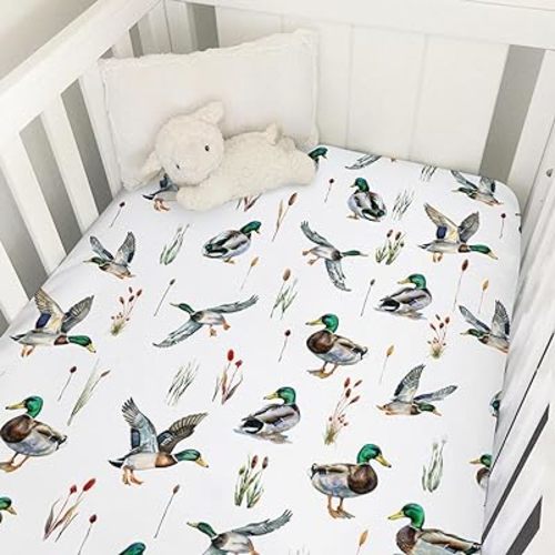 Mallard Duck Hunting Baby Crib Mattress Sheet 52''x28'' Baby Duck Hunting Nursery Decor Snug Fitted Sheet for Standard Crib Toddler Mattress