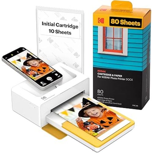KODAK Dock Plus 4PASS Instant Photo Printer (4x6 inches) + 90 Sheets Bundle (10 Initial Sheets + 80 Sheet Pack)