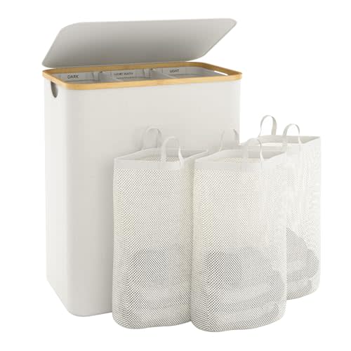 Laundry Basket with Lid, 145L Extra Large Laundry Hamper 3 Section Dirty Clothes Hampers for Laundry Divided Laundry Basket Organizer for Bedroom,Laundry Room,Dirty Clothing Hamper,Beige