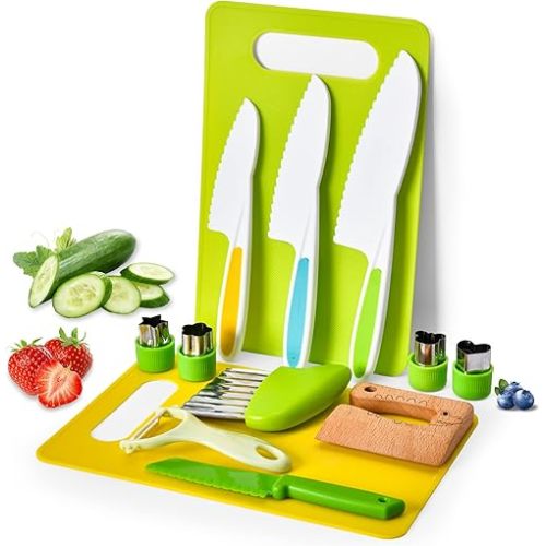 Montessori Kids Knives for Real Cooking, 13 Pieces Wooden Kids Kitchen Knife Set Include 4 Serrated Edges Plastic Toddler Knife,Crinkle Cutter Y Peeler Cutting Boards and Wood Toddler Safe Knife