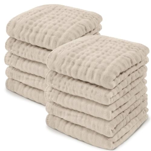 Comfy Cubs Muslin Baby Washcloths 10 Pack - Soft 6-Layer Cotton Wash Cloths for Sensitive Skin - 10"x10" Large, Gentle, Absorbent Infant Essentials for Newborn and Toddlers - Sand