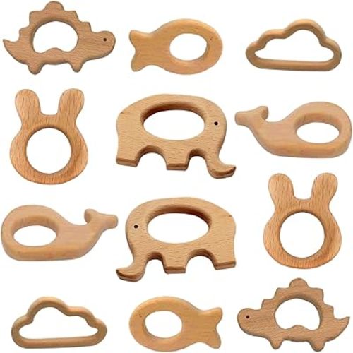 12-Pcs Baby Teether Toys,Wooden Teethers for Babies - Wooden Animal Toys, Teething Rings, Toddler Chew Toys,Baby Teething Rings and Wooden Teether Set-Suitable for Children Over 36 Months