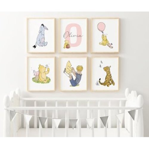 Personalized Winnie Nursery Name Print Set, Classic A.A. Milne Wall Art, Custom Baby Name Wall Decor, Pooh Bear Boy Girl Toddler Room Artwork, , Unframed (11x14, Set Of 6)