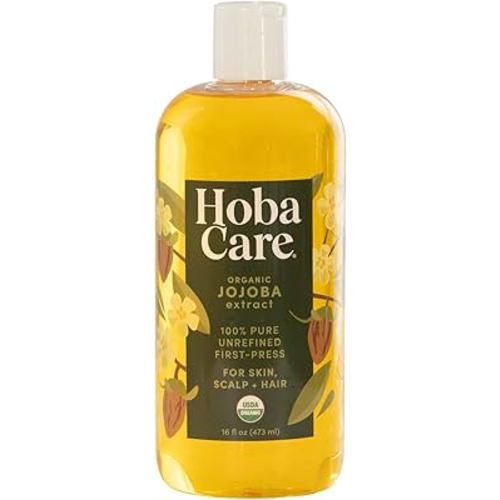 HobaCare Organic Jojoba Oil for Hair, Skincare, Face, Body, Scalp, Nails, Beard Care, Skin Massage - Unrefined Carrier Oil - 100% Pure, Hexane Free, Moisturizing (16 oz)