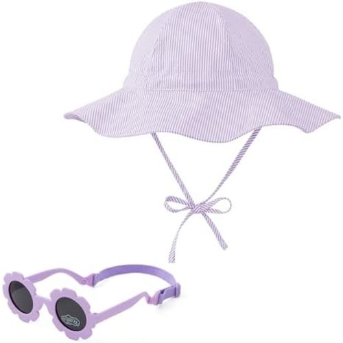 Zando UPF 50+ Wide Brim Baby Sun Hat with Sunglasses 0-12M - Sun Protection Infant Toddler Bucket Hat Adjustable for Outdoor