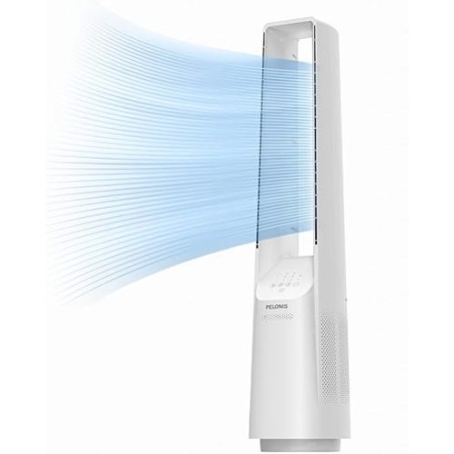 PELONIS Bladeless Tower Fan with 26-33ft Powerful Airflow, Alexa and Google Compatible, 6-Speed Settings, Quiet DC Motor, 120° Oscillation, 7-Hour Timer - Ideal for for Bedroom Home Office Use,White