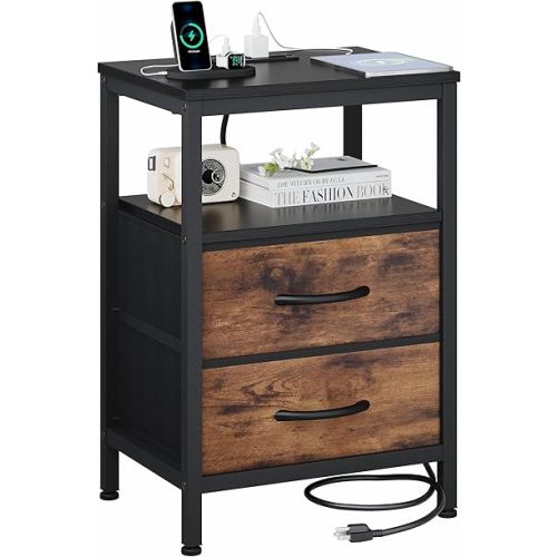 OLIXIS Nightstand with Charging Station, Bedside Table with USB Ports & Type-C, 2 Fabric Drawers Night Stand with Open Shelf, Compact End Table for Bedroom, Black & Rust