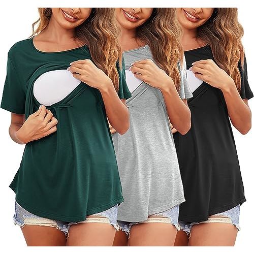 Ekouaer Women's Maternity Shirts Short Sleeves Nursing Tops 3 Pack Double Laye Breastfeeding Tees Pregnancy Clothes S-XXL