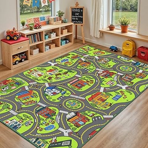 Upgrade Ultra Non Slip Kids Car Rug, Kids Road Playmat Rug for Toy Cars, Educational Town City Map Washable Carpet for Boys Playroom Bedroom, Safer Car Track Play Mat for Children Toddler, 140"x84"