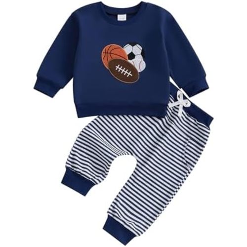 ZAXARRA Toddler Baby Boy Fall Winter Outfit Striped Animal Embroidered Long Sleeve Sweatshirt Elastic Waist Pants 2Pcs