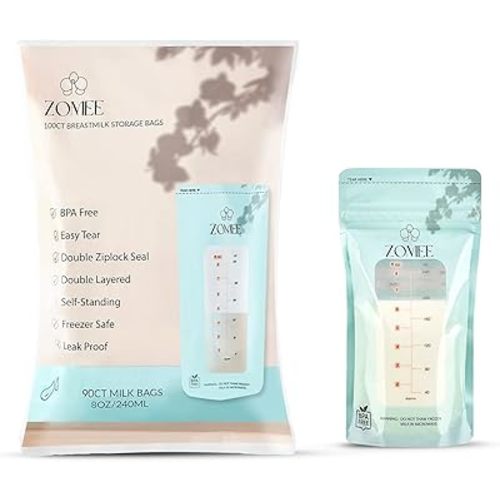 Zomee Disposable 8 oz Breast Milk Storage Bags w/Double Zipper Seal – Count – Leak-Proof – Self-Standing Breast Milk Storage Solution for Fridge or Freezer - Mutiple Count Packs (Pack of 90)