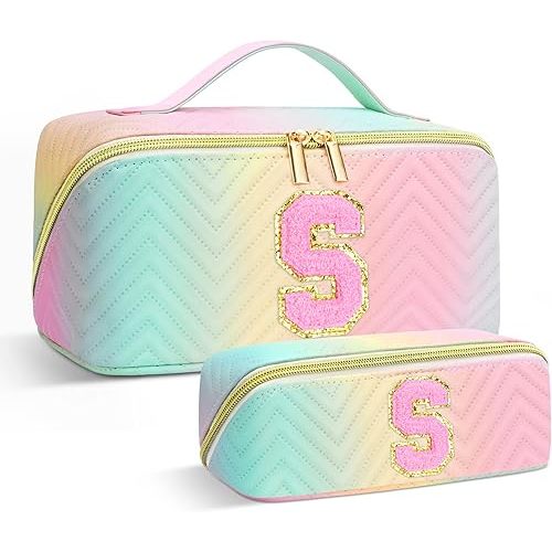 Personalized Initial Makeup Bag | Trendy Cosmetic Bags Travel Toiletry Bag for Teen Girls Women Girlfriend, Mother's day/graduation/Birthday day Gifts Portable Make up Bag Leather Waterproof Organizer