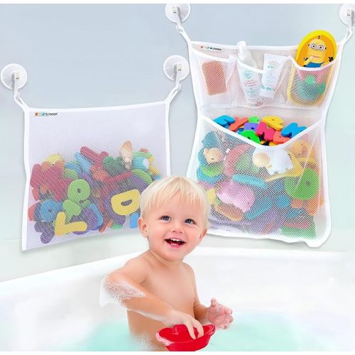 2 x Large Bath Toy Holder, Kids Bath Tub Toy Basket, Corner Mesh Bag, Baby Bathtub Storage Organizer, Bathroom Net Bucket, Toddler Shower Caddy Hanging Bin with 6 Suction Cups, 4 Adhesive Wall Hooks