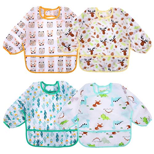 Accmor 4 Pack Long Sleeve Baby Bibs, Waterproof Sleeved Bib, Toddler Soft Bib for 6-36 Months