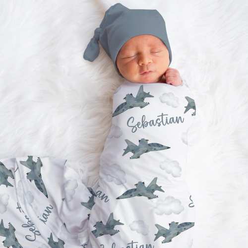 Personalized Fighter Jet Swaddle Blanket Airplane Name Baby Blanket Newborn Baby Boy Coming Home Outfit Hospital Outfit Baby Shower Gift