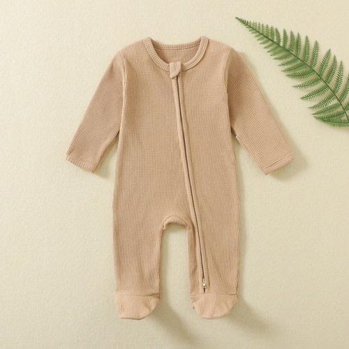 Nrmvnmi Baby Boy Girl Crawling Romper Solid Color Round Neck Cotton Onesie Jumpsuit Double Zipper Half Sleeve Sleep and Play Khaki-6 Months