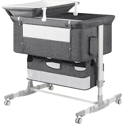 Baby Bassinet Bedside Sleeper with Diaper Changing Station + Mosquito Net + 16gallon Capacity Storage, Adjustable & Portable Bassinet Cosleeping Baby Bed (Grey)