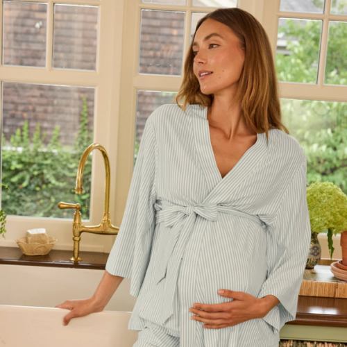 LAKE | Women | DreamModal Pajamas | Parisian Green Pencil Stripe Maternity Kimono Bundle