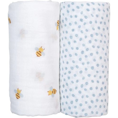 lulujo Baby Swaddle Blankets | Unisex Softest Breathable Cotton Muslin Swaddle Blanket Set | Neutral Receiving Blanket for Girls & Boys | 40in x 40in | Bees & Dots | 2-Count