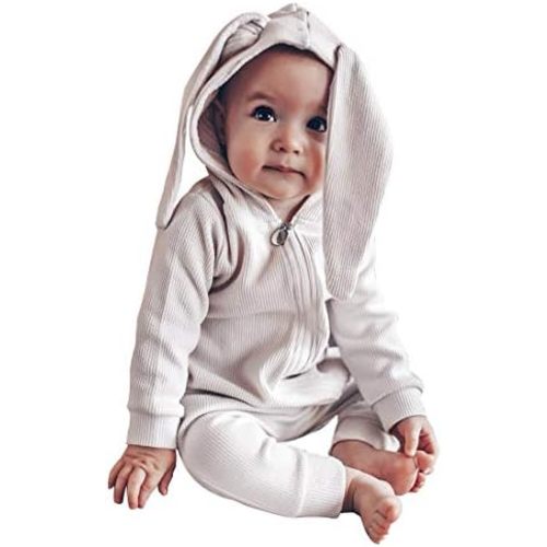 Simplee kids Animal Bunny Baby Easter Romper Long Ear Rabbit Hoodie Romper Jumpsuit with Zipper