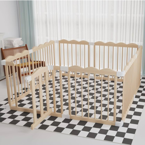KOCINI Baby Playpen, Wooden Playpen for Babies and Toddlers, Large Adjustable Baby Playpen with Locking Gate, Easy to Assemble, Multiple Shapes,Kids Activity Center(47x62x24 Inch)