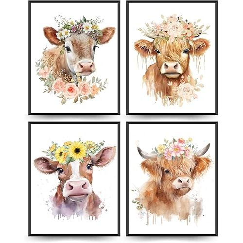 ETVISO Highland Cow Wall Art, Nursery Decor Wall Art Prints Set of 4, Western Floral Baby Cow Watercolor Wall Decor, Highland Cow Baby Shower Decorations 8x10 (Unframed)