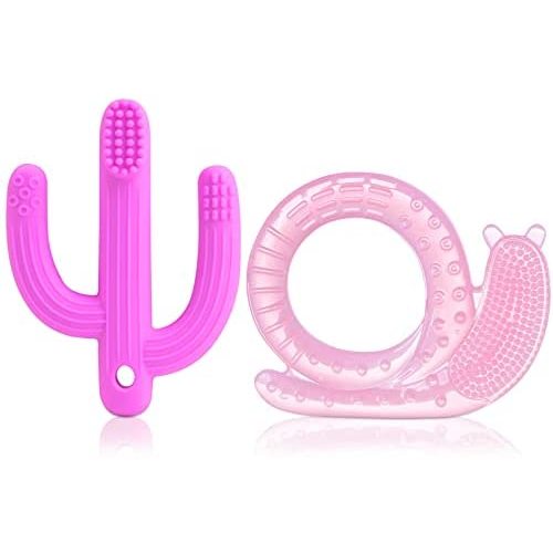Silicone Baby Teether, Cooling Teething Toys Bristles, ZUCOOP Soft Textured Soothing Teetheing Sore Gums for Infant, Toddler - 2 Pieces Pink, Includes Hygienic Case