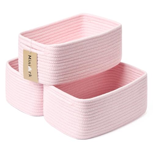 MiniArk Shelf Storage Baskets for Organizing | Closet Organizer Bins | Small Baskets | Toy Basket | Cute Decorative Basket | Cube Storage Bin | Woven Rope Basket | 13×8.5×5.1” | 3 Packs Light Pink