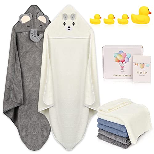 PataStar Baby Hooded Bath Towels 2 Pack with 6 Washcloths, 14-Piece Ultra Soft Baby Stuff for Newborn Boys and Girls, Baby Shower Towel Gift for Infant and Toddler (Bear, Elephant)