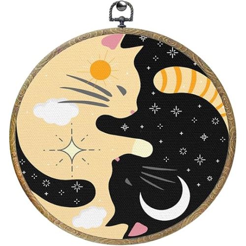 Cat Decor Sun and Moon Framed Round Wall Decor Cat Gifts for Women Men Canvas Wall Art Aesthetic Hanging Prints Artwork for Home Office Bedroom Studios Bathroom Living Room Decorations 10.2X10.2In