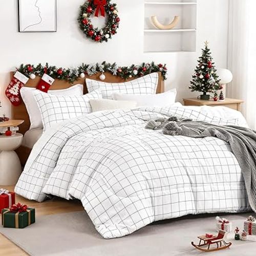 Andency Twin Comforter Set, White Gingham Plaid Grid Checkered Twin Bed Comforter Set for Dorm Boys Girls Teens Kids, 2 Pieces Lightweight Reversible Preppy Bedding Sets(66x90 Inch)