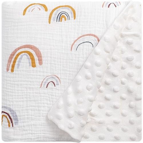 Fluffy-backed Swaddle Blankets Baby Double Layer Muslin 100% Cotton Front Nursery Plush Dotted Fleece Back Receiving Bed Quilt Blanket for Unisex Newborn Baby Toddler Boys Girls 30 x 41 Inches
