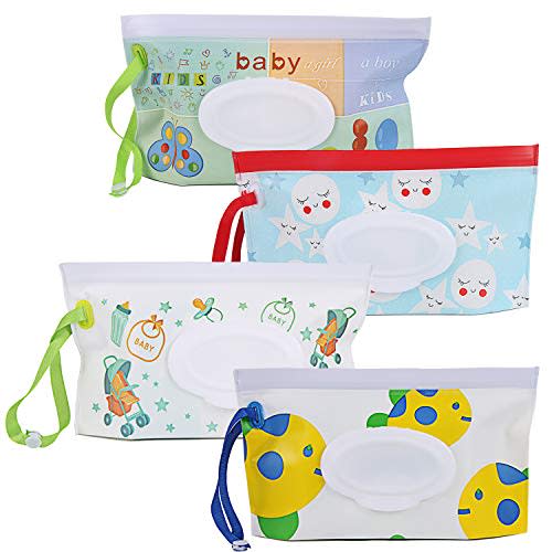 FEBSNOW 4 Pack Baby Wipes Container, Reusable Portable Wet Wipe Pouch, Wipe Dispenser Container, Baby Travel Wet Wipe Holder