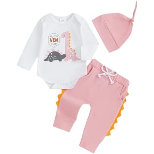Baby Boy Girl Dinosaur Clothes Hi Im New Here Newborn Outfit Long Sleeve Romper Top Pants Set Coming Home Outfits