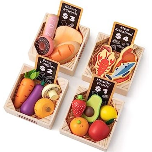 Wooden Play Food Sets for Kids Kitchen - 100% Wood 43 Pieces Kids Toy Food for Toddlers 3+ Year Old, Pretend Food Play Kitchen Accessories Set for Boys and Girls