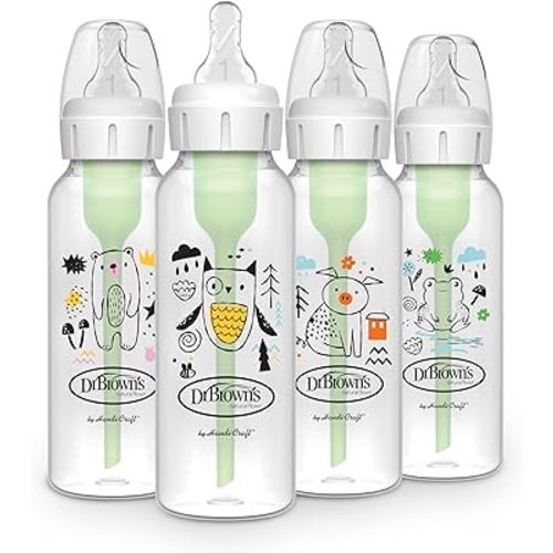 Dr. Brown's Natural Flow Anti-Colic Options+ Narrow Baby Bottle, 8 oz/250 mL, with Level 1 Slow Flow Nipple, BPA Free, 0m+, Bear, Owl, Pig, Frog, 4-Pack