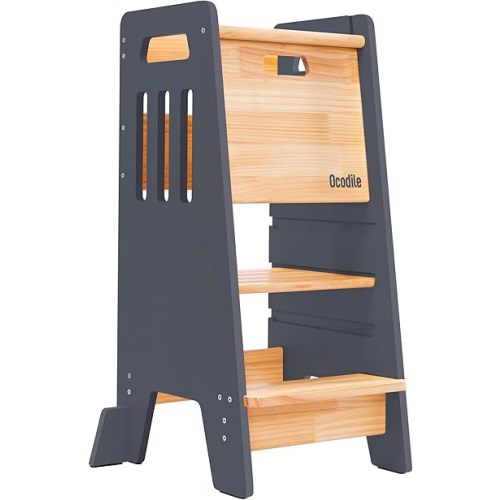 Toddler Tower with a Sliding Door and 3 Adjustable Heights - Complete Toddler Kitchen Stool Helper with Support Feet - Safe Design for 18+ Months to 6-Year-Old Kids - Gray