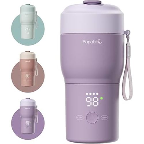 Papablic Portable Bottle Warmer for Travel – Fast Heating, Built-in Sterilizer, 30W Fast Charge, 5-Temp Control, Easy-Clean Wide Mouth, Baby Milk Warmer for Breastmilk & Formula