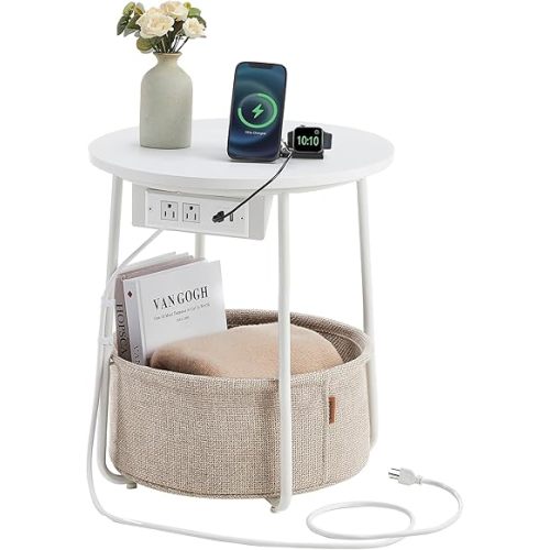 VASAGLE LILEA Collection - Side Table with Charging Station, Round End Table with Fabric Basket, Nightstand with USB Ports, for Living Room, Bedroom, Modern, Matte White and Camel Brown ULET228W01