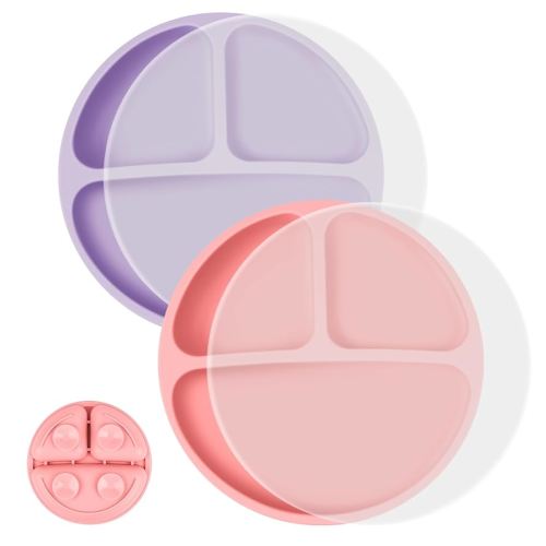 Vicloon Toddler Dishware Plate, 2 Pcs Silicone Plate with Divided Compartments, Suction Plates for Babies & Toddlers, BPA Free, Microwave & Dishwasher Safe, Includes Lids